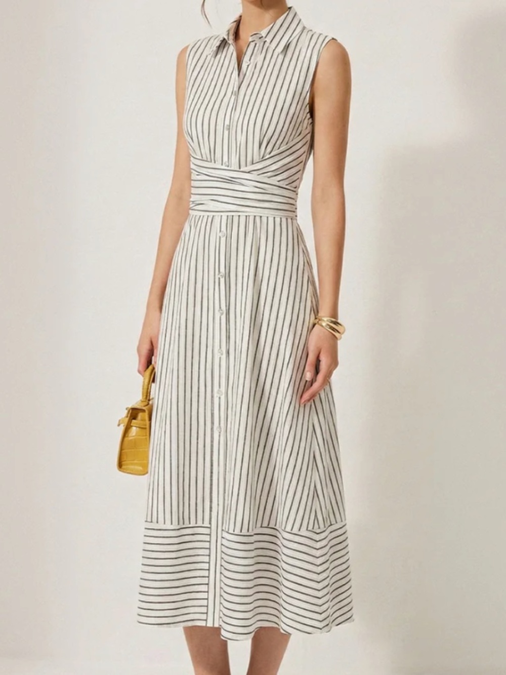 Striped Collared Sleeveless Tie Waist Midi Dress